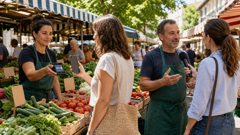 Editorial illustration: At a lively outdoor produce market, a vendor accepts a Bitcoin wallet payment while a local reporter interviews another merchant about everyday use.