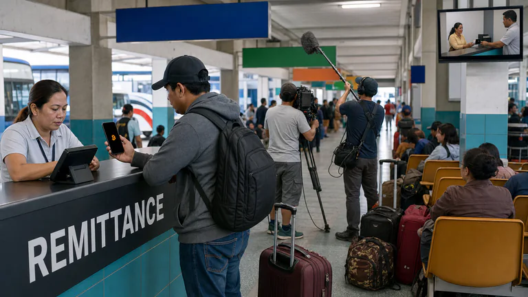 Editorial illustration: A bus-terminal remittance desk sends Bitcoin from a migrant worker's wallet to a family pickup kiosk in another country, with a travel-news crew filming the corridor.