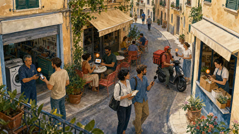 Editorial illustration: A painterly neighborhood panorama shows Bitcoin used across a repair shop, café, delivery rider and online storefront while a community newspaper team gathers reactions.