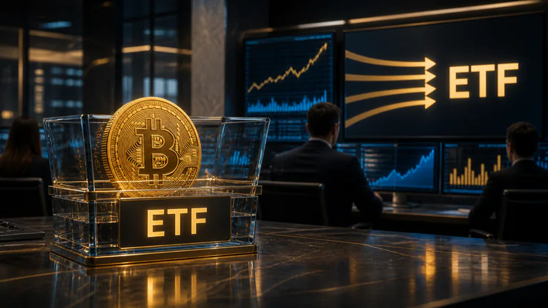 Editorial illustration: Institutional ETF trading desk with a transparent fund basket holding Bitcoin, inflow screens and anonymous analysts in a glass-and-marble asset-manager setting.