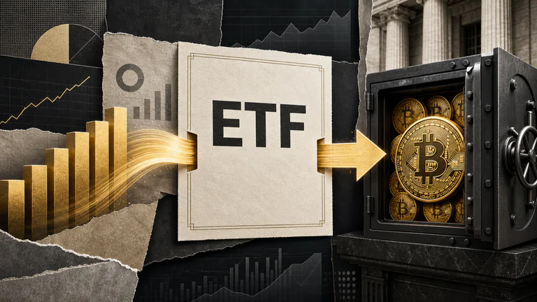Editorial illustration: Investor capital enters a regulated fund structure and emerges as institutional Bitcoin holdings.