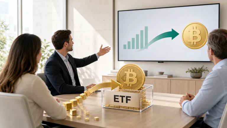 Editorial illustration: sunlit institutional adviser meeting, ETF basket, Bitcoin and inflow display.