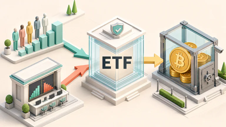 Editorial illustration: investors/exchange into ETF wrapper and Bitcoin custody.