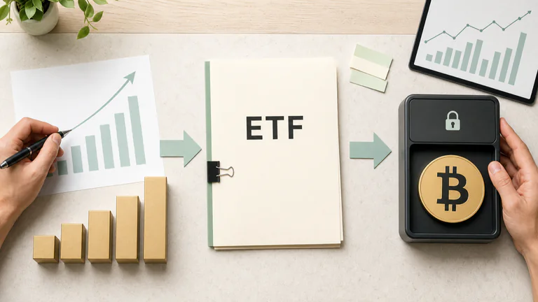 Editorial illustration: ETF document, Bitcoin, custody device and inflow chart.