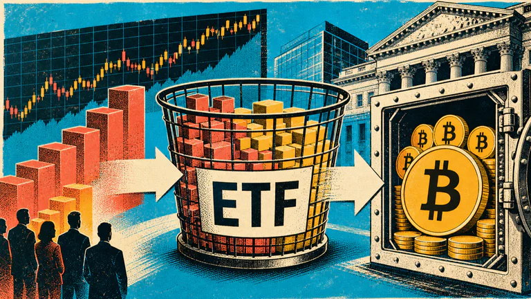 Editorial illustration: capital blocks through an ETF basket into Bitcoin holdings.