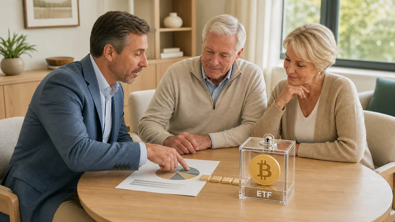 Editorial illustration: A retirement adviser and generic clients in a calm sunlit office reviewing a regulated Bitcoin ETF allocation; a simple portfolio sheet, transparent ETF basket and correct Bitcoin holding make the fund relationship obvious.