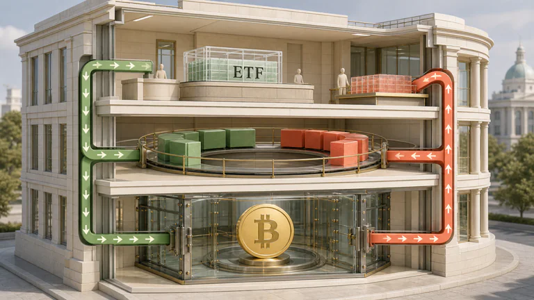 Editorial illustration: A literal multi-floor ETF creation/redemption operation: authorized participant sends a share basket through an exchange floor into secured institutional Bitcoin custody, with a visible return path for redemptions.