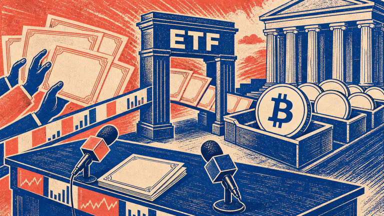 Editorial illustration: Investors' share certificates pass through an exact ETF gate and become institutional Bitcoin reserves, with a financial press desk and market tape framing the story.