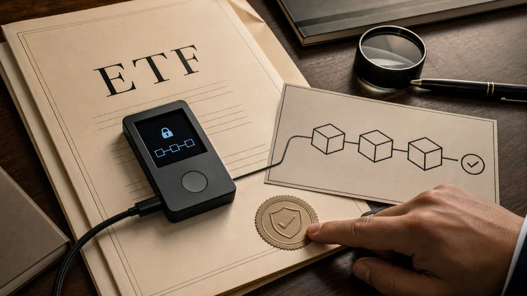 Editorial illustration: An exact ETF prospectus, unbranded institutional cold-storage signer, blockchain settlement confirmation and compliance seal on an analyst desk.