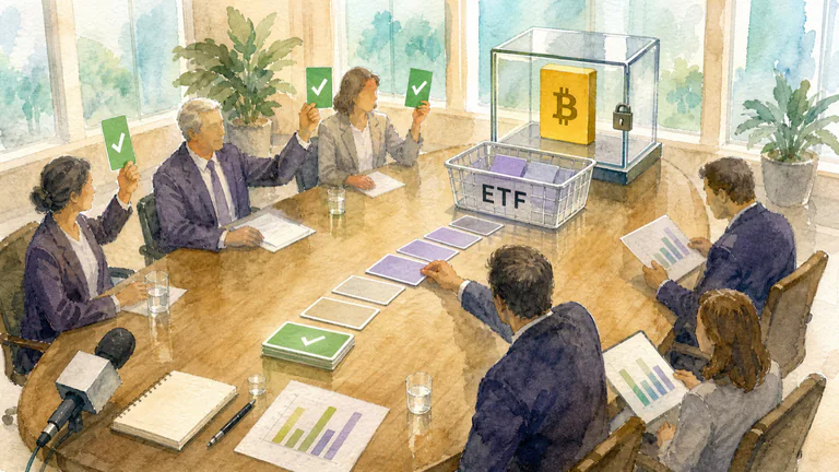 Editorial illustration: A pension investment committee votes to add a Bitcoin ETF, with allocation cards moving toward a regulated fund basket and secured Bitcoin holding.