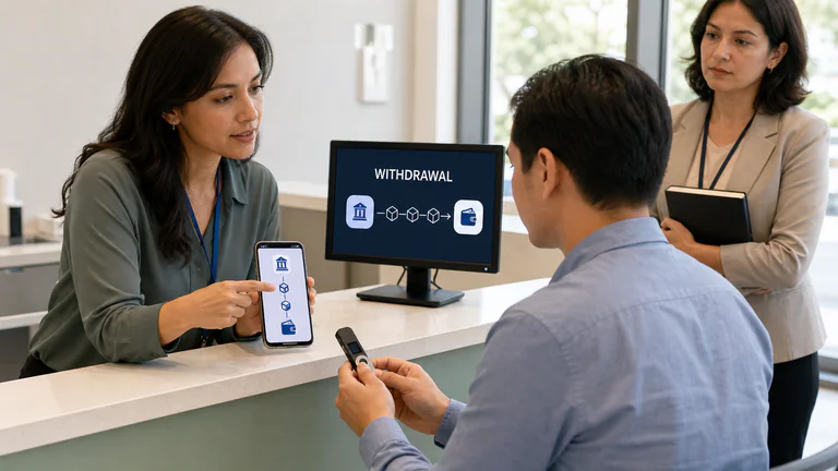 Editorial illustration: A customer-support specialist helps a user trace a delayed crypto withdrawal from exchange account to external hardware wallet while an ombudsman observes.