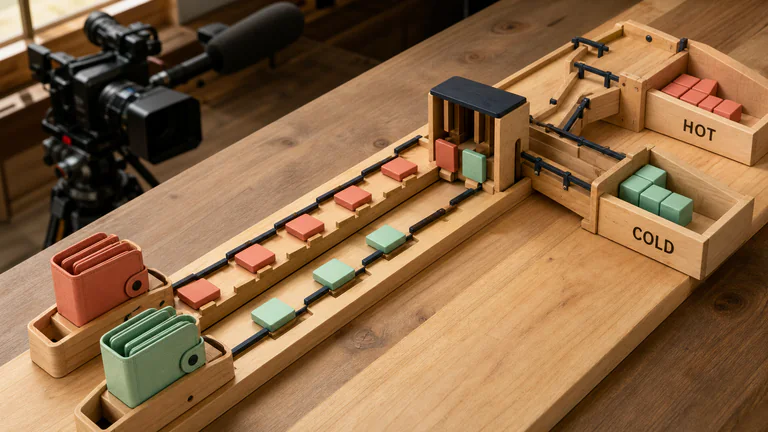 Editorial illustration: A hand-crafted wooden order book receives unlabeled wallet order tiles, matches them by price rails, and delivers block-shaped settlements to separate hot and cold wallet compartments.