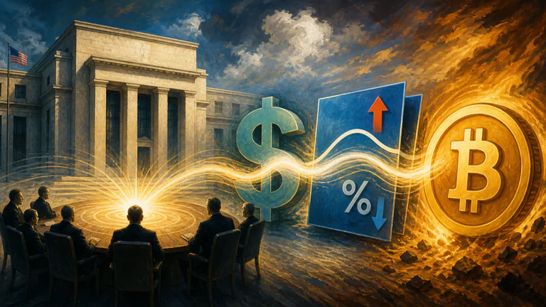Editorial illustration: A central-bank rate decision ripples through the dollar, bonds and Bitcoin market.