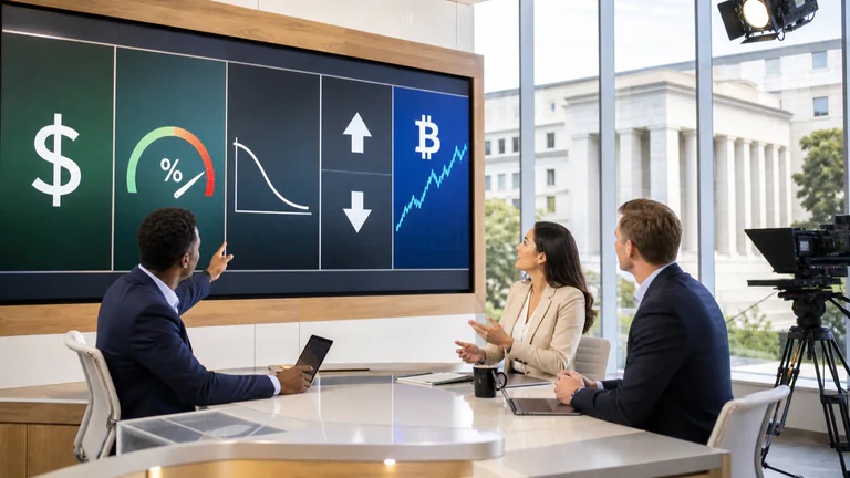 Editorial illustration: rates, dollar, bonds, inflation and Bitcoin.