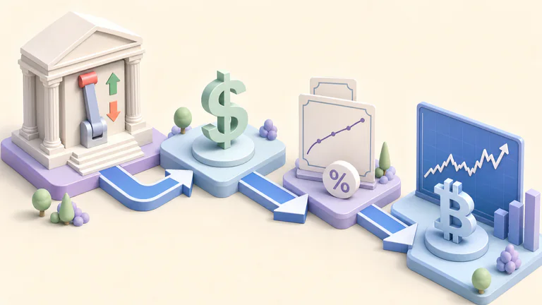 Editorial illustration: central bank decision propagating through dollar/bonds into Bitcoin.