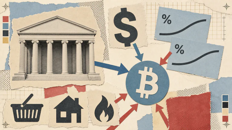Editorial illustration: central bank, dollar, bond yields and Bitcoin.