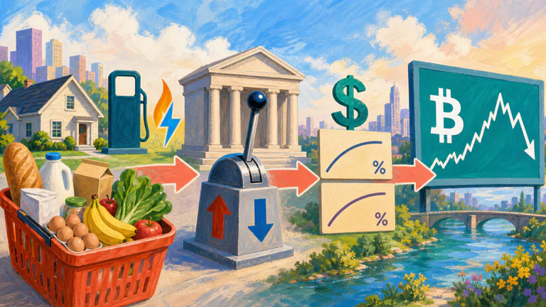 Editorial illustration: consumer inflation and rate policy flowing into Bitcoin markets.