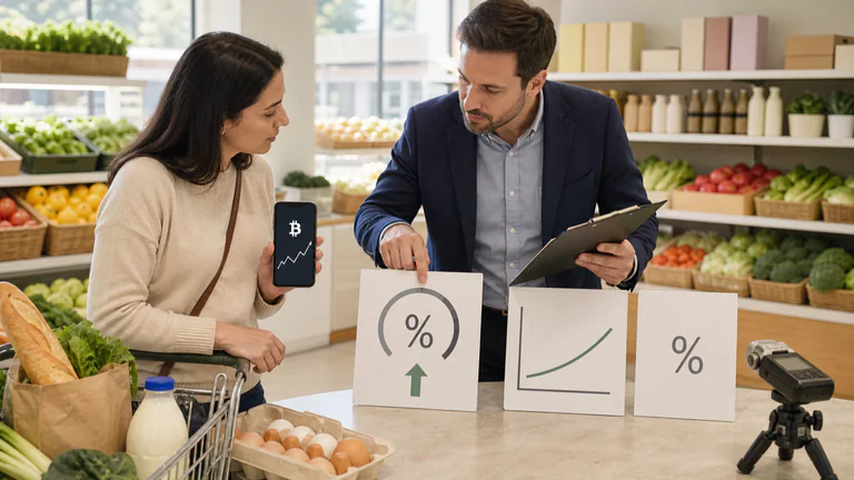 Editorial illustration: A shopper and analyst compare rising grocery prices, a rate notice, bond yield cue and a Bitcoin market app, showing inflation and policy reaching crypto.
