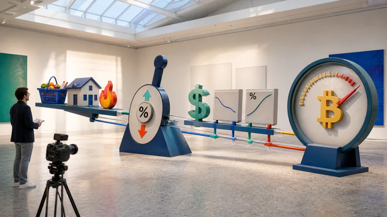 Editorial illustration: A literal economic balance installation links consumer-price blocks, a rate lever, dollar and bonds to a correct Bitcoin market gauge in an analyst exhibition/news context.