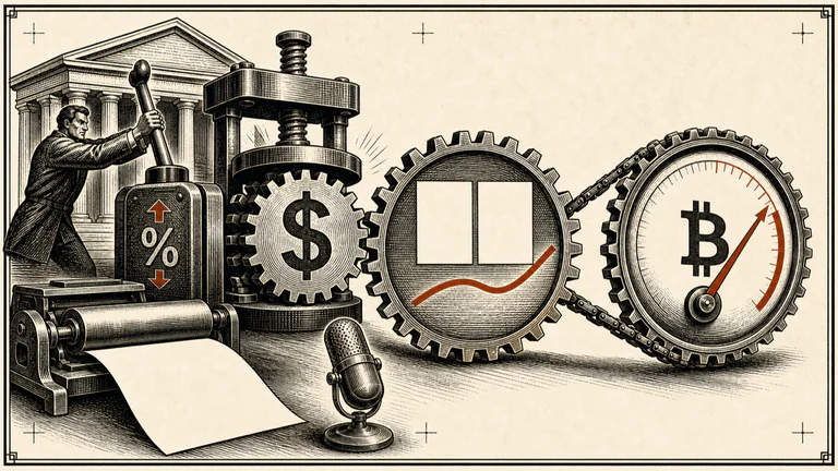 Editorial illustration: Central-bank tightening sends pressure through dollar and bond gears into a correct Bitcoin market, framed like a serious financial newspaper illustration with no article copy.