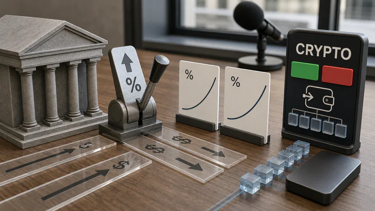 Editorial illustration: Bond certificates, rate-futures cards, dollar liquidity notes and an unbranded crypto-exchange terminal on a macro analyst's desk.