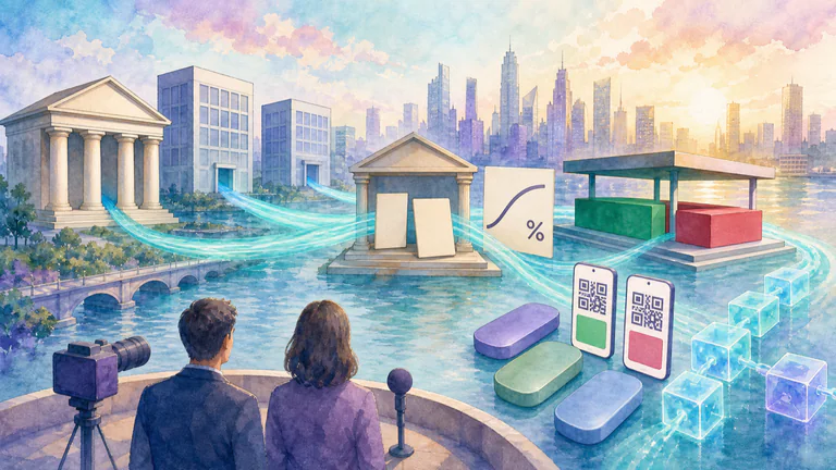 Editorial illustration: Global liquidity moves from central-bank and commercial-bank channels into bond markets and an unmistakable crypto exchange/wallet ecosystem.