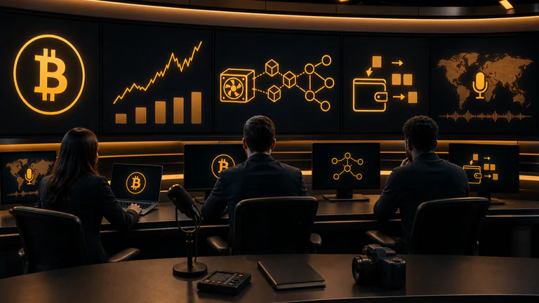 Editorial illustration: A broad Bitcoin newsroom desk combines market monitoring, mining/network status, wallet activity and reporting, with a correct Bitcoin mark and anonymous editors.