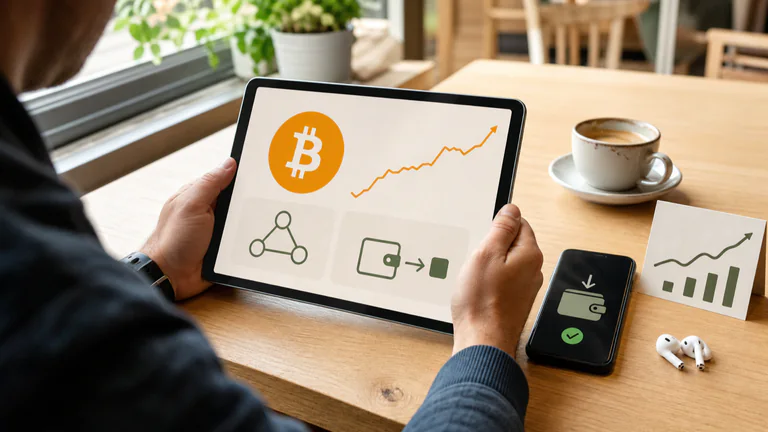 Editorial illustration: A reader follows a Bitcoin news story on a tablet while market and wallet cues appear naturally nearby; correct Bitcoin mark, no real publication branding.