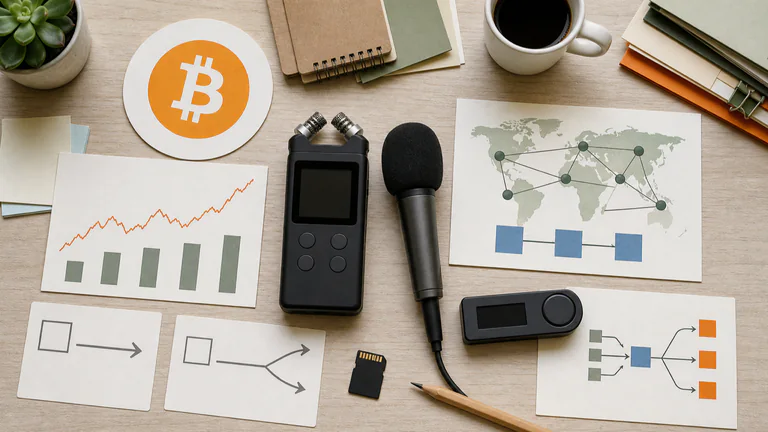 Editorial illustration: Correct Bitcoin token/mark, recorder, microphone, market chart, node map, wallet and reporter notes arranged as a broad Bitcoin-news research desk.