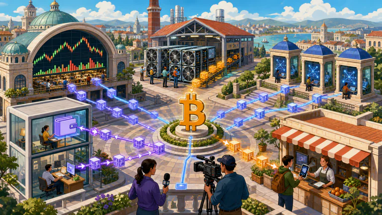 Editorial illustration: One connected Bitcoin news ecosystem shows markets, miners, nodes, wallets, merchants and reporters in a single literal city/landscape.