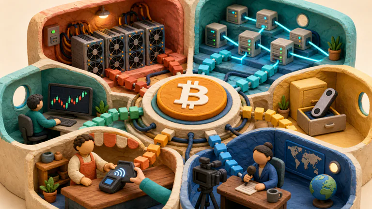 Editorial illustration: A miniature Bitcoin ecosystem with mining facility, node network, exchange, custody vault, payment terminal and newsroom, linked clearly around a correct Bitcoin mark.