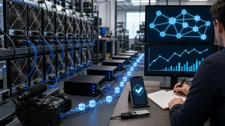 Editorial illustration: A real-feeling ASIC mining aisle and node-monitoring workstation feeding an unbranded crypto wallet/network operations desk.