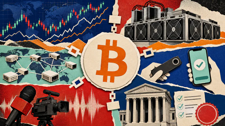 Editorial illustration: Correct Bitcoin symbol connects global markets, mining, payments, regulation and newsroom microphones without fake headline text.