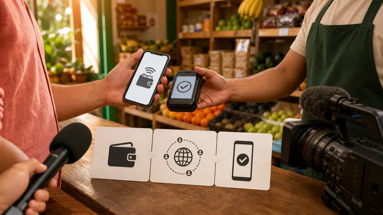 Editorial illustration: A customer uses an unbranded crypto wallet/QR payment while a remittance confirmation and small news camera/reporting cue establish broad crypto adoption news.