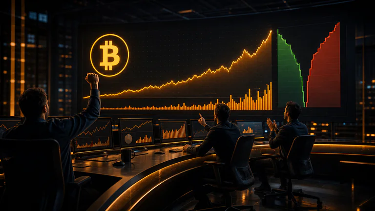 Editorial illustration: An institutional crypto trading desk reacts to a large Bitcoin price breakout, with correct Bitcoin mark, clean price curve, volume surge and anonymous traders.