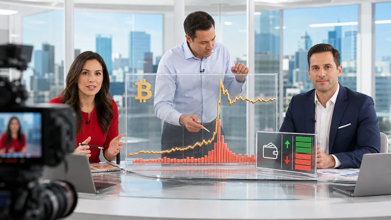 Editorial illustration: A market-news team explains a sharp Bitcoin move using one clean price swing, volume cue and exchange feed; anonymous anchors/analysts, no real newsroom brand.