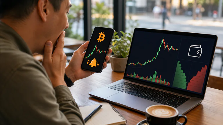Editorial illustration: A retail investor sees a sudden Bitcoin price alert on a phone while a nearby laptop shows the corresponding market move and volume; natural hands, no brand.