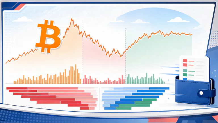 Editorial illustration: A correct Bitcoin symbol moves through a sharp rise, pullback and stabilization across a clean crypto exchange order book.