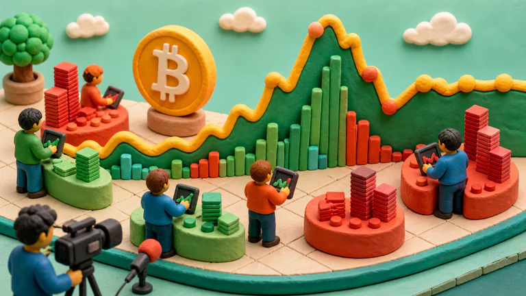 Editorial illustration: A miniature crypto exchange floor follows a Bitcoin price wave across buy/sell stations, with stylized traders and one correct Bitcoin mark.