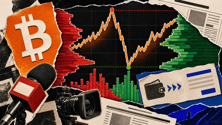 Editorial illustration: Bitcoin price, trading volume, liquidity and financial-news fragments form a clear volatile market story.