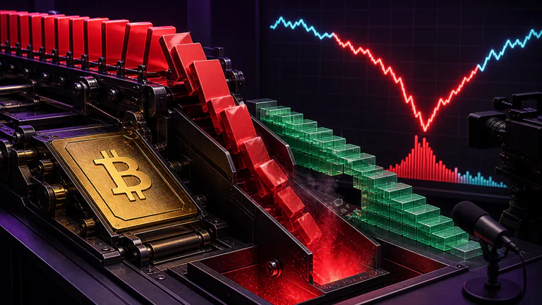 Editorial illustration: A Bitcoin futures liquidation cascade hits a crypto trading desk, but the main story is the resulting spot-market price move and recovery.