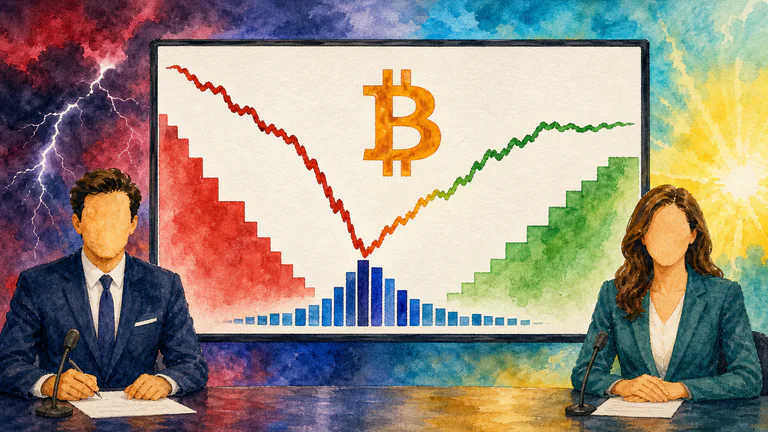 Editorial illustration: A visible Bitcoin market price board swings through panic and recovery while a financial newsroom follows the move; literal market screens anchor the painterly scene.