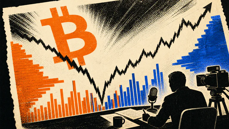 Editorial illustration: A correct Bitcoin symbol, sharp price swing, volume bars and market-news desk form a literal breaking-market editorial image.
