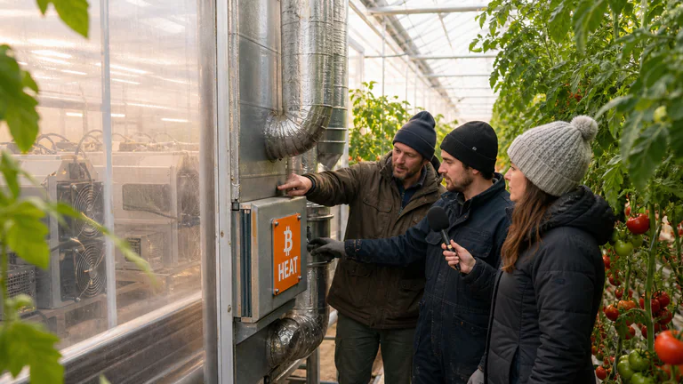 Editorial illustration: Inside a greenhouse, warm exhaust from Bitcoin miners heats tomato rows while a local-energy journalist and grower inspect the heat exchanger.