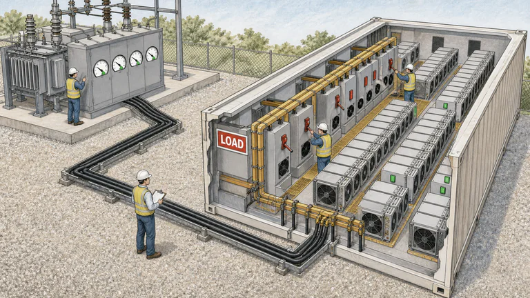 Editorial illustration: During a grid-stress drill, operators shut down selected rows of an outdoor mining container while substation meters visibly stabilize and a utility observer verifies the response.