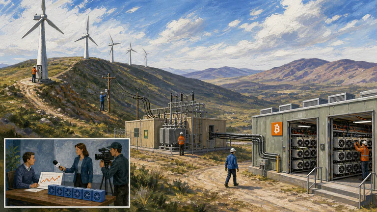 Editorial illustration: A richly textured gouache panorama links a wind farm, substation, and Bitcoin mine while a newsroom inset shows energy-price and mining-production reporting.