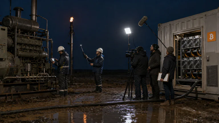 Editorial illustration: At night, a remote stranded-gas generator powers a compact Bitcoin mine as two engineers measure flare reduction and a documentary crew works under portable lights.