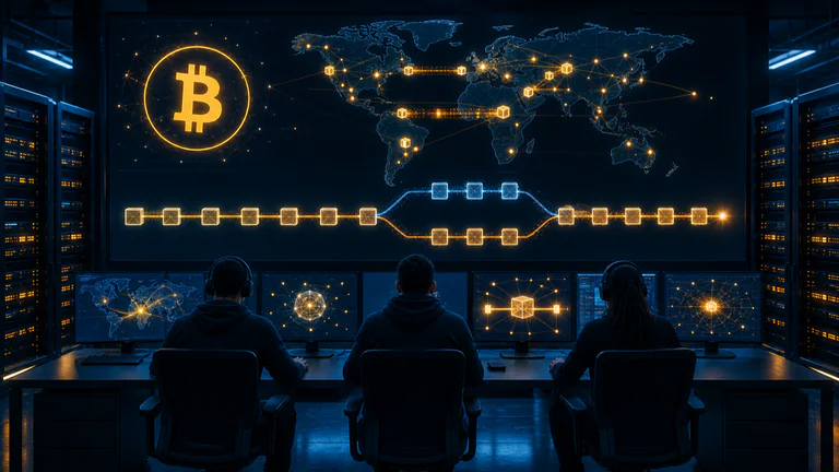Editorial illustration: Bitcoin node operations room with servers, developers and a visible network software upgrade or chain fork on monitoring screens.