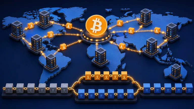 Editorial illustration: Global Bitcoin nodes receive a protocol update while old and new chain paths reconnect across the network.