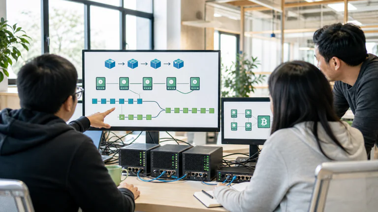 Editorial illustration: developers coordinating a Bitcoin node software update.